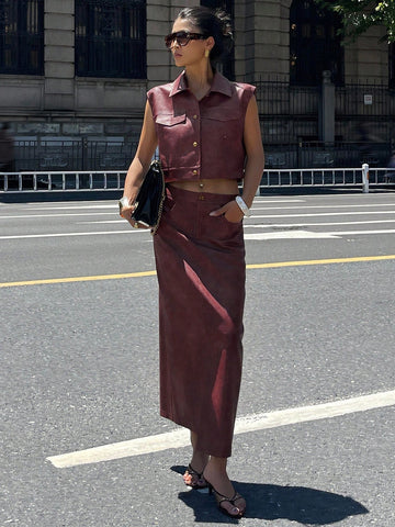 Women Front Button Pocket Blouse And PU Skirt