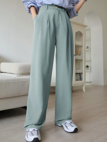 DAZY Plain Casual Solid Color Pleated Straight-Leg Dress Pants