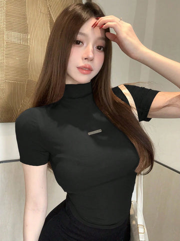 DAZY Women's Solid Color Stand Collar Slim Fit Stylish Short Sleeve T-Shirt