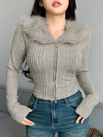 DAZY Textured Brushed Patchwork Collar Fitted Sexy Cardigan