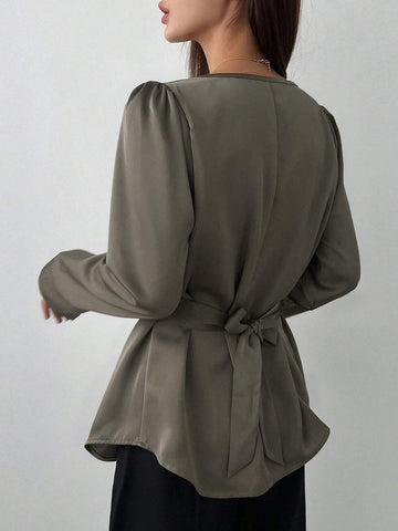 Dazy Star Women's Solid Color Ruffled Collar Puff Sleeve Casual Business Shirt