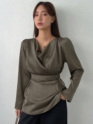 Dazy Star Women's Solid Color Ruffled Collar Puff Sleeve Casual Business Shirt