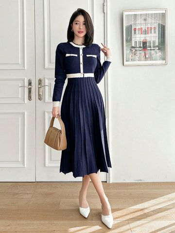 DAZY Color Block Crew Neck Midi Knitted Sweater Dress