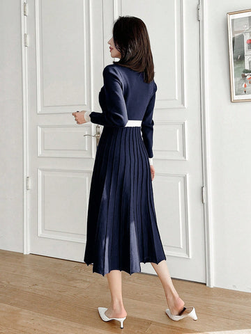 DAZY Color Block Crew Neck Midi Knitted Sweater Dress