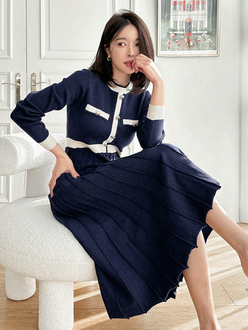 DAZY Color Block Crew Neck Midi Knitted Sweater Dress