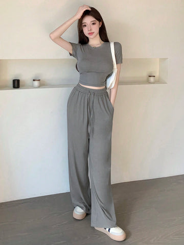 2pcs Women's Casual Plain Crew Neck Short Sleeve Top And Pants
