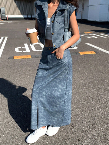 Women Front Button Pocket Blouse And PU Skirt