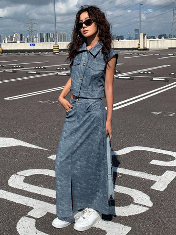 Women Front Button Pocket Blouse And PU Skirt