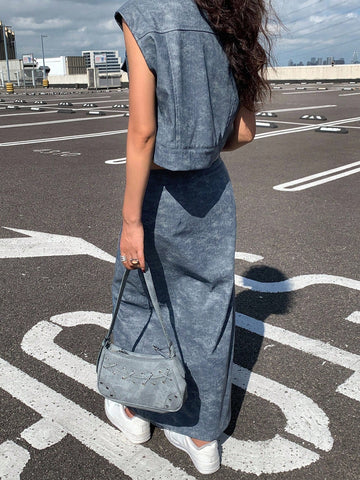 Women Front Button Pocket Blouse And PU Skirt