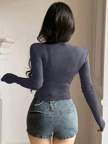 Women Solid Color Hollow Long Sleeve Fitted Fashion T-Shirt