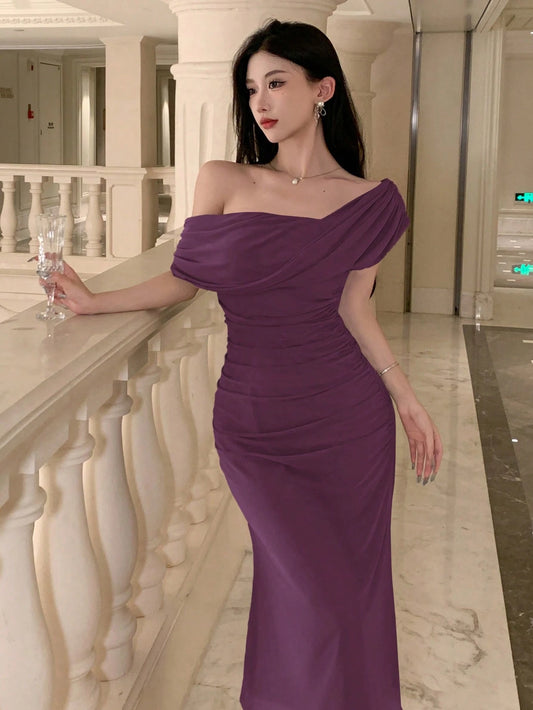 DAZY Women's Solid Color Asymmetric Shoulder Short Sleeve Elegant Midi Dress