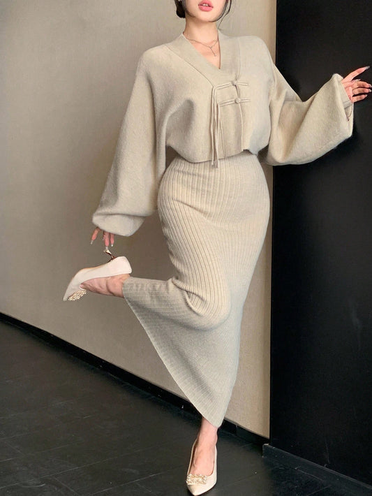 DAZY Women's Solid Color Batwing Sleeve Button Design Sweater And Knitted Slip Dress