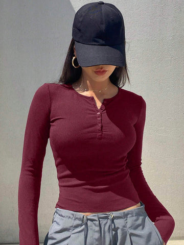 DAZY Solid Half Button Ribbed Knit Tee