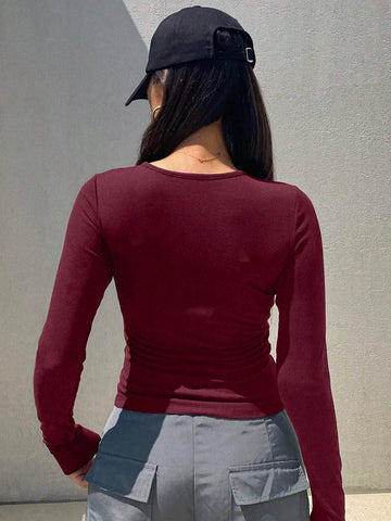 DAZY Solid Half Button Ribbed Knit Tee