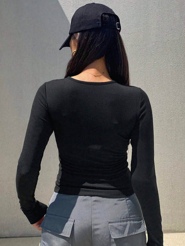 DAZY Solid Half Button Ribbed Knit Tee