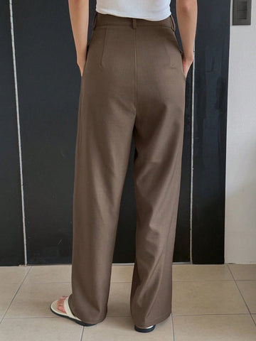 DAZY Plain Casual Solid Color Pleated Straight-Leg Dress Pants