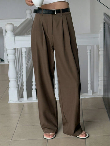 DAZY Plain Casual Solid Color Pleated Straight-Leg Dress Pants