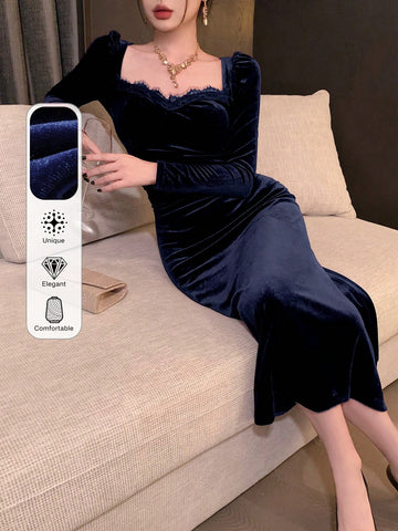 Women's Solid Color Contrast Lace Sweetheart Neck Puff Sleeve Elegant Dress