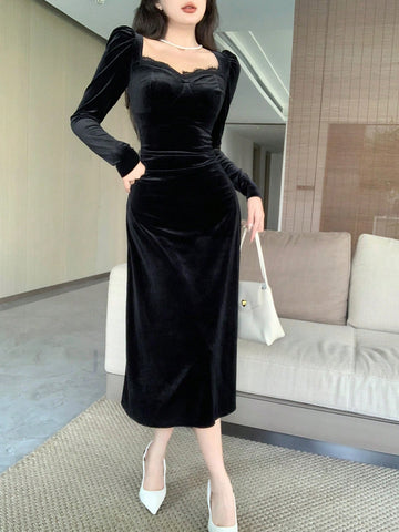 Women's Solid Color Contrast Lace Sweetheart Neck Puff Sleeve Elegant Dress