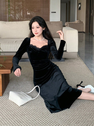 Women's Solid Color Contrast Lace Sweetheart Neck Puff Sleeve Elegant Dress