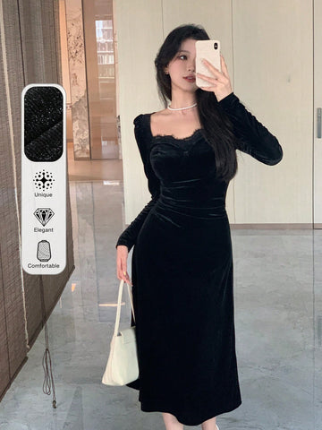 Women's Solid Color Contrast Lace Sweetheart Neck Puff Sleeve Elegant Dress