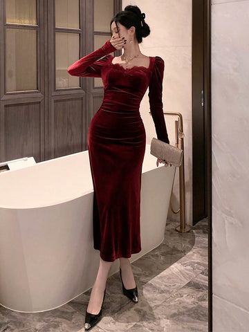 Women's Solid Color Contrast Lace Sweetheart Neck Puff Sleeve Elegant Dress