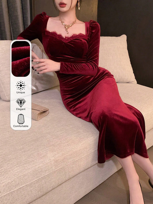 Women's Solid Color Contrast Lace Sweetheart Neck Puff Sleeve Elegant Dress