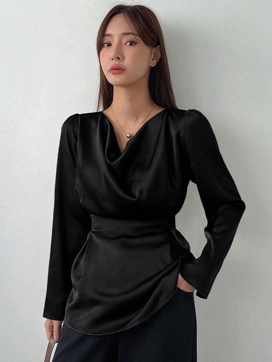 Dazy Star Women's Solid Color Ruffled Collar Puff Sleeve Casual Business Shirt