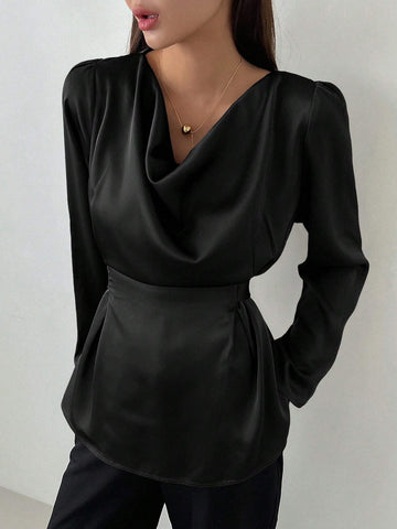 Dazy Star Women's Solid Color Ruffled Collar Puff Sleeve Casual Business Shirt