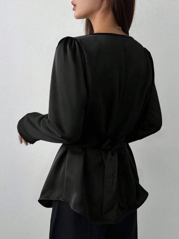 Dazy Star Women's Solid Color Ruffled Collar Puff Sleeve Casual Business Shirt