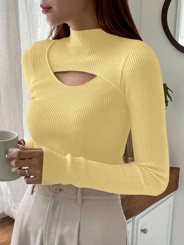 DAZY Cut Out Mock Neck Ribbed Knit Sweater,Long Sleeve Tops