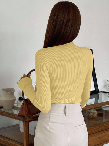 DAZY Cut Out Mock Neck Ribbed Knit Sweater,Long Sleeve Tops