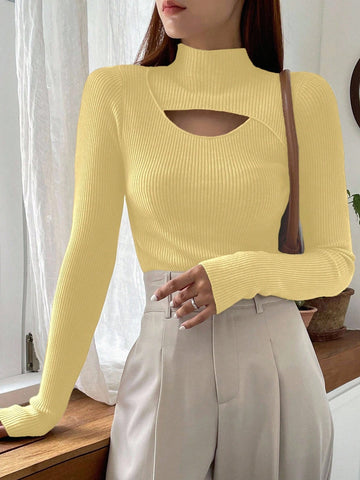 DAZY Cut Out Mock Neck Ribbed Knit Sweater,Long Sleeve Tops