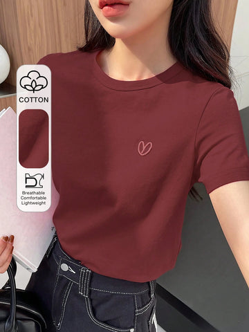 DAZY Solid Color Embroidered Heart Short Sleeve T-Shirt