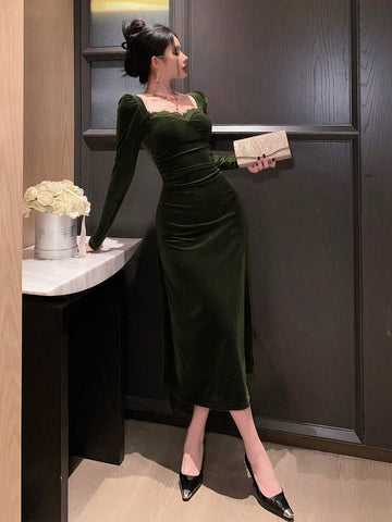 Women's Solid Color Contrast Lace Sweetheart Neck Puff Sleeve Elegant Dress