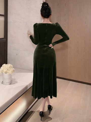 Women's Solid Color Contrast Lace Sweetheart Neck Puff Sleeve Elegant Dress