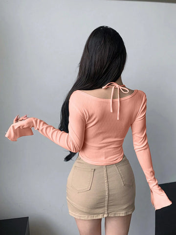 DAZY Women's Party & Back To School Two-Piece Look Long Sleeve T-Shirt