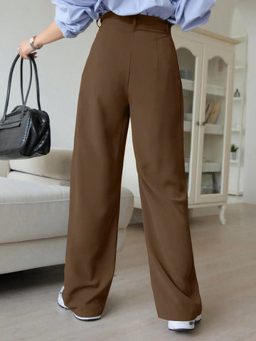 DAZY Plain Casual Solid Color Pleated Straight-Leg Dress Pants