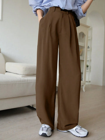 DAZY Plain Casual Solid Color Pleated Straight-Leg Dress Pants