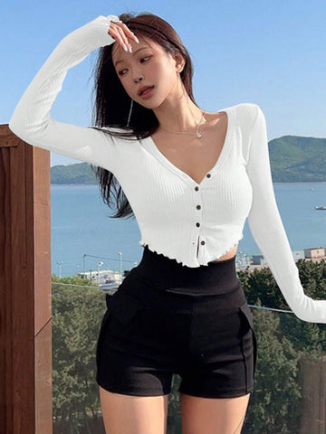 DAZY Solid Button Front Lettuce Trim Crop Tee
