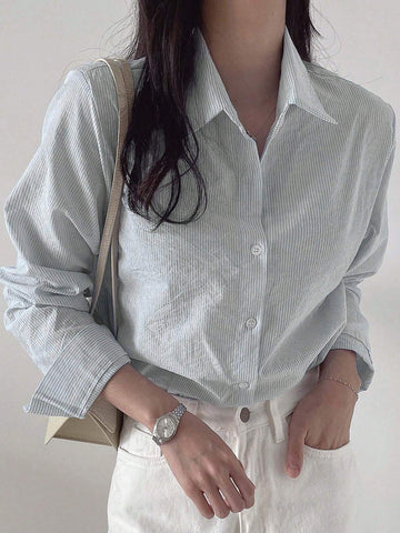 DAZY Women's Striped Loose Business Casual Long Sleeve Shirt