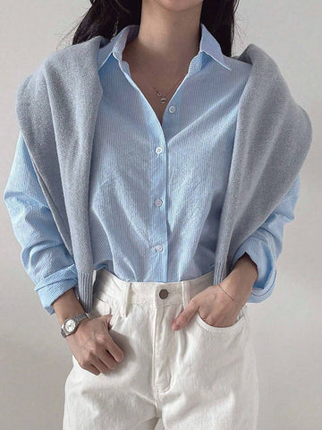 DAZY Women's Striped Loose Business Casual Long Sleeve Shirt