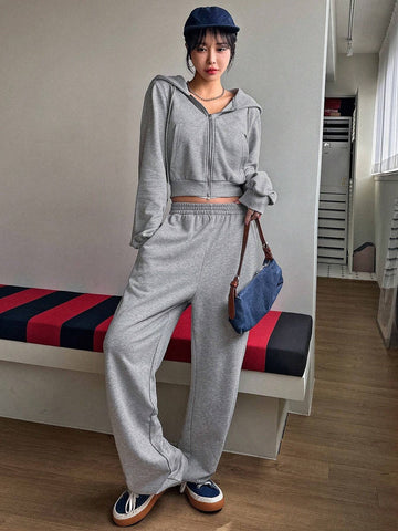 Women Casual Zipper Front Jacket And Wide Leg Pants Set