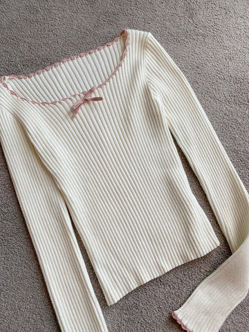 Women's Solid Minimalist Everyday Bow Accent Patchwork Pullover Sweater