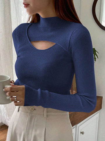 DAZY Cut Out Mock Neck Ribbed Knit Sweater,Long Sleeve Tops