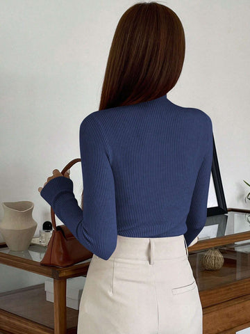 DAZY Cut Out Mock Neck Ribbed Knit Sweater,Long Sleeve Tops