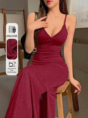 DAZY Women's Spaghetti Strap Ruched Waist Maxi Bodycon Dress