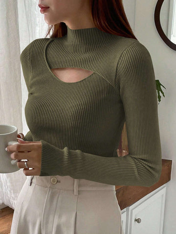 DAZY Cut Out Mock Neck Ribbed Knit Sweater,Long Sleeve Tops