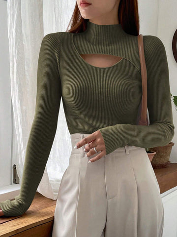 DAZY Cut Out Mock Neck Ribbed Knit Sweater,Long Sleeve Tops