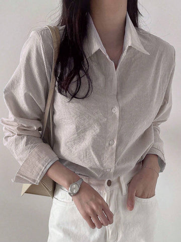 DAZY Women's Striped Loose Business Casual Long Sleeve Shirt